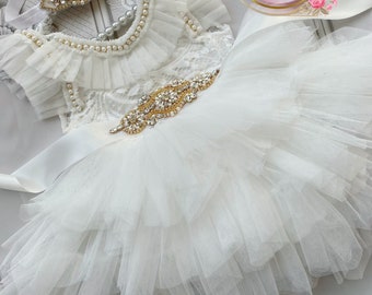 White Lace Tulle Flower Girl Dress: Rhinestone Sash Holiday Dress