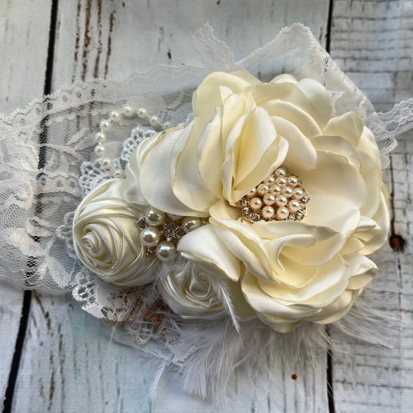 Couture headband ,Ivory /tan  satin rosette, lace headband , infants rhinestones headbands.