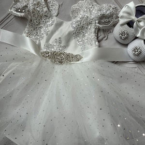 Baptism baby dress White flower girl dress,  bling Baby toddler dress,tulle girl wedding dress