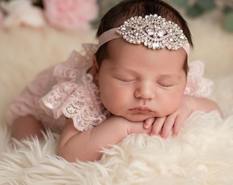 Baby girl headband, rose gold rhinestone , hair accessories, newborn photo prop