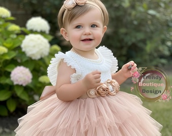 Lace Top Tulle Flower Girl Dress: Gold Pearl Details