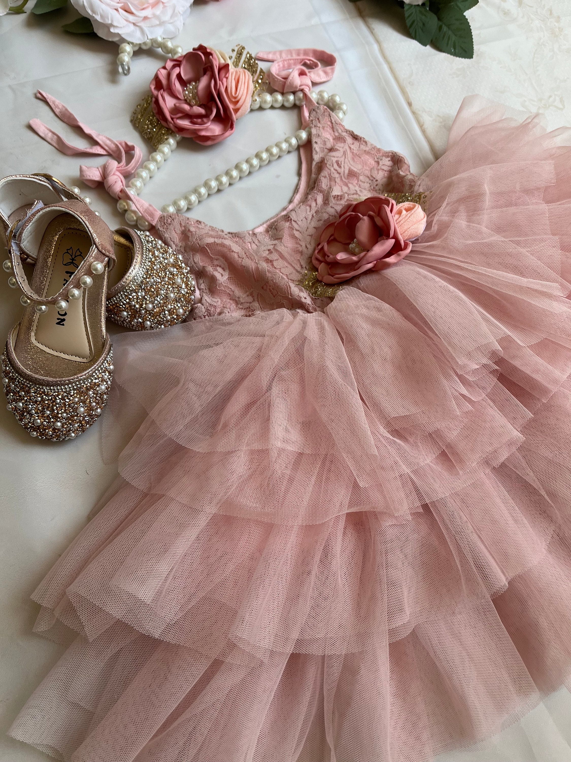 Lorenart Phase Eight Tulle Dress Dusty Pink Lace Flower Girl Dress: Tulle Tutu, Birthday Party Lorenart Phase Eight Tulle Dress Dusty Pink Lace Flower Girl Dress: Tulle Tutu, Birthday Party