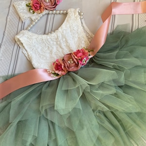 Sage Green Tulle Flower Girl Dress: Lace Top, Flower Sash