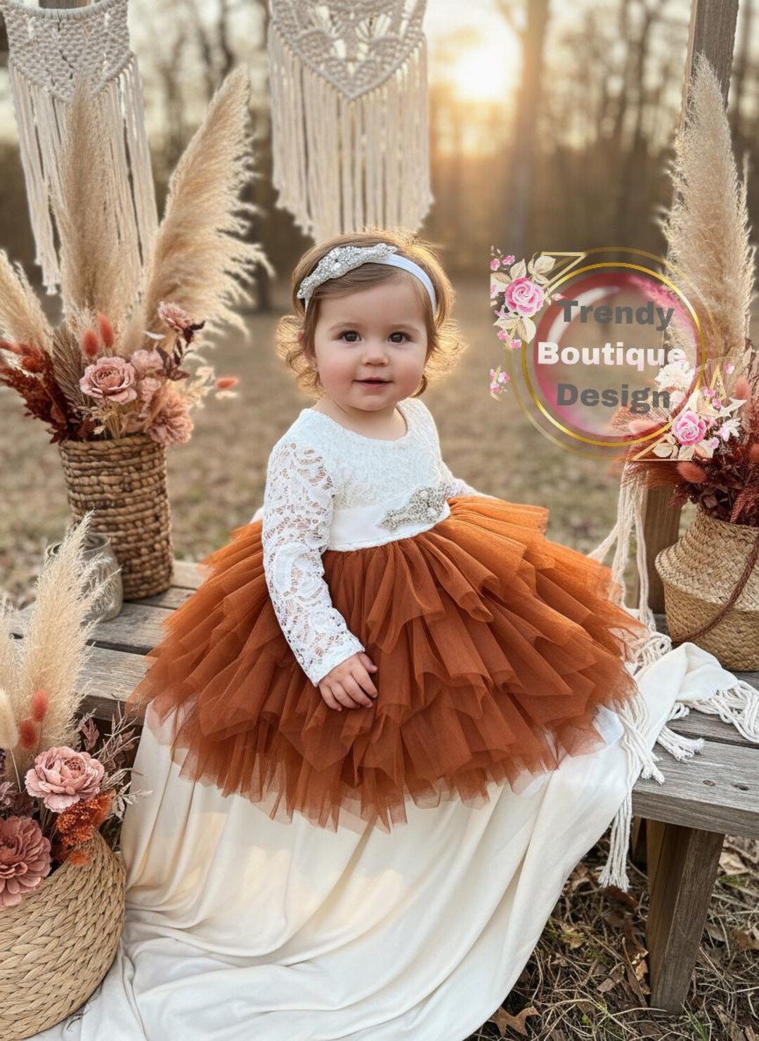 The Fall Wildflower - Girls Long Sleeve Floral Dress - Burnt Orange