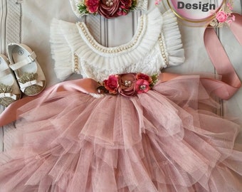 Blush Pink Lace Flower Girl Dress: Tulle Tutu, Gold Pearl Detail