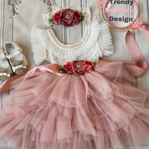 Dusty Pink Blush flower Girl Dress First Birthday Outfit Etsy