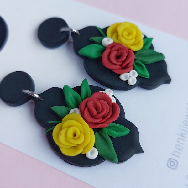 Black Polymer Clay Earrings - Floral Earrings - Hand Sculpted Earrings - Dangle Earrings - Clay Jewelry - Unique Jewelry, Gift for Her