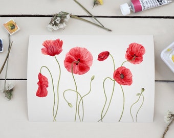 Red Poppies Painting, Mother es Day Gift, Aquarell Vintage Style Gift, Poppy Illustration, Naturgeschichte, Native Flowers, 13x18 cm/5"x7"