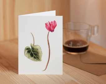 Tarjeta de felicitación botánica de Cyclamen, tarjeta de regalo del día de la madre, tarjeta de San Valentín floral vintage, ilustración de acuarela, con sobre artesanal