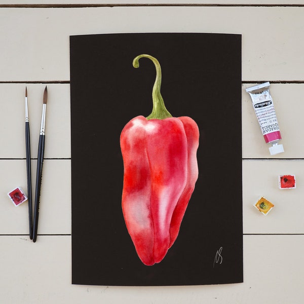 Sweet Red Pepper Painting, Cadeau de la fête des Mères, Cadeau vintage au poivre d'aquarelle, Illustration de légumes botaniques, Dark, 21x30 cm/8"x12"