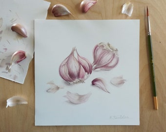 Garlic Watercolor Painting, Limited Edition, Mother's Day Gift, Purple Garlic Illustration, Kitchen Wall Art Decor, Vegetable Art, 20x20 cm