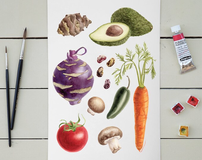 Vegetables Art Print, Kitchen & Dining Room Artwork, Veggies Illustration, Gardener Art Gift, 8"x12" (21x30cm)