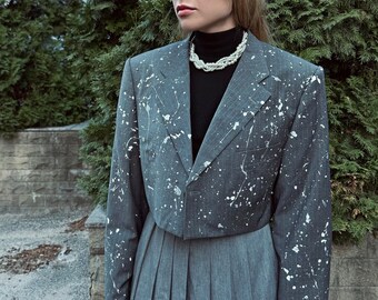 designer oversized light gray wool jacket croped blazer with sewn-on crystals and paint splashes Upcycling Onesize