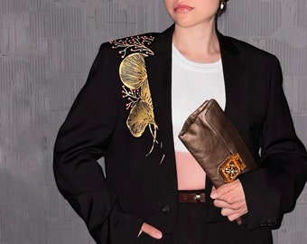 Designer black cropped jacket with gold pattern Hand beaded blazer Upcycling