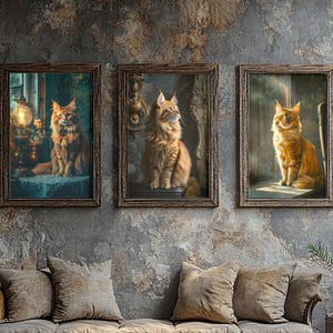 Könnte beinhalten: Drei gerahmte Katzenporträts schmücken einen Raum mit einem Vintage-Sofa und Kissen. Die Porträts zeigen rot getigerte Katzen in verschiedenen Posen. Der Raum hat ein rustikales, gealtertes Aussehen mit einer Steinmauer und einem dekorativen Spiegel.