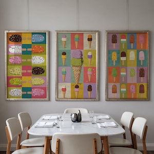 Ice cream on a stick and in a cone - summertime, ice cream time, illustrations - set of 3 digital wall art to download and print - 300 dpi