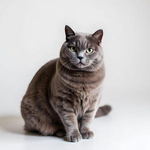 Könnte beinhalten: Eine graue Katze mit gelben Augen sitzt auf einer weißen Oberfläche. Die Katze hat kurzes Fell und ein rundes Gesicht, wobei die Ohren aufgestellt sind. Die Katze schaut direkt in die Kamera.