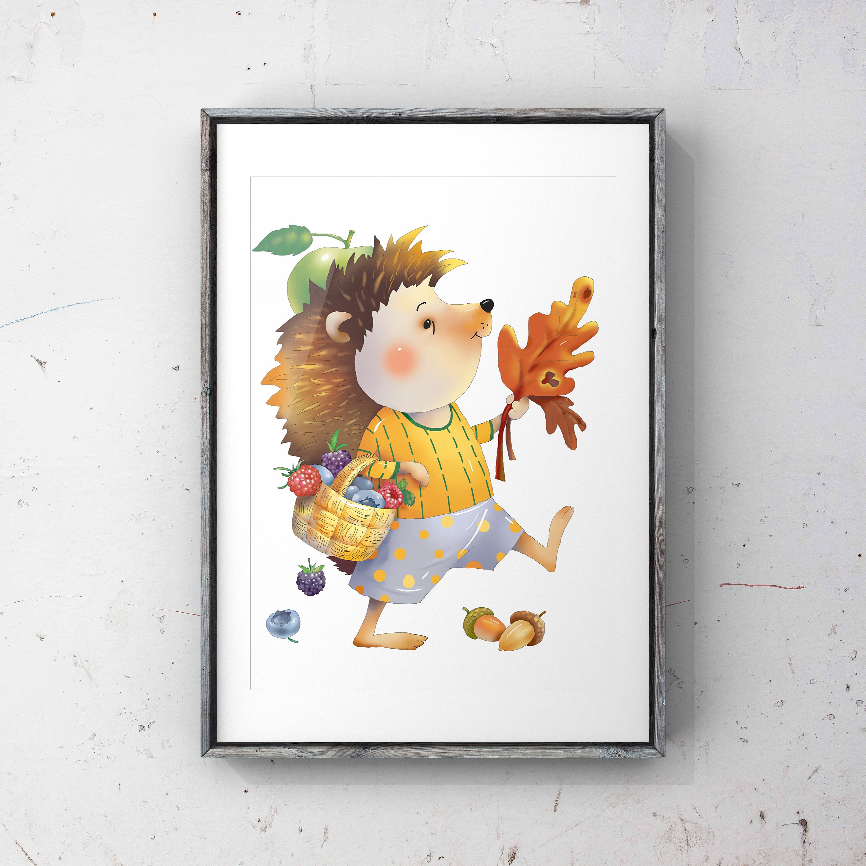 Affiche Hérisson avec Pomme | Affiche Chambre Enfant Les Animaux de La Forêt Dessin Décoration Mural