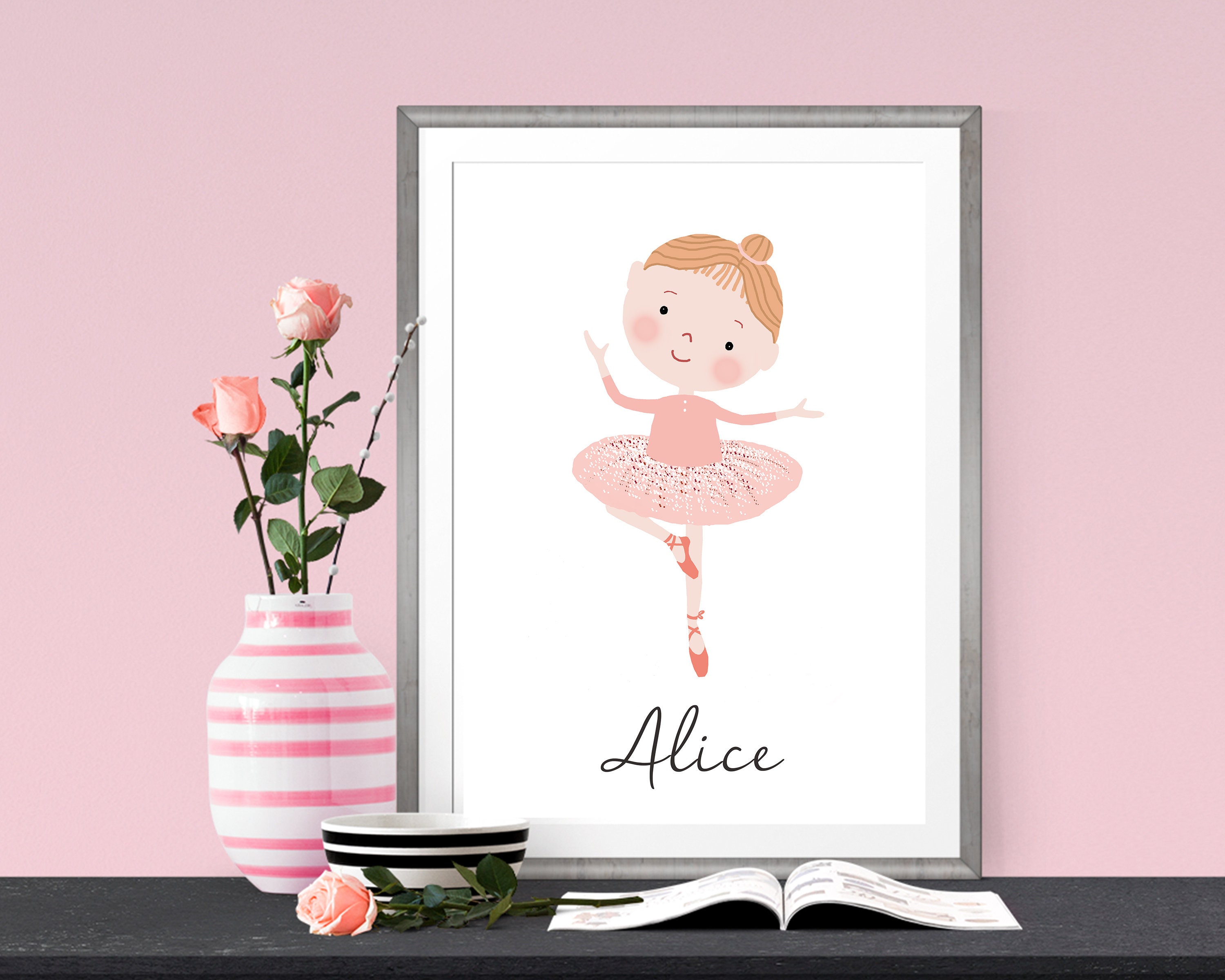 Affiche Petite Ballerine Prénom A4 | Dessin Danseuse Poster Chambre Fille Personnalisable Affiche Bé