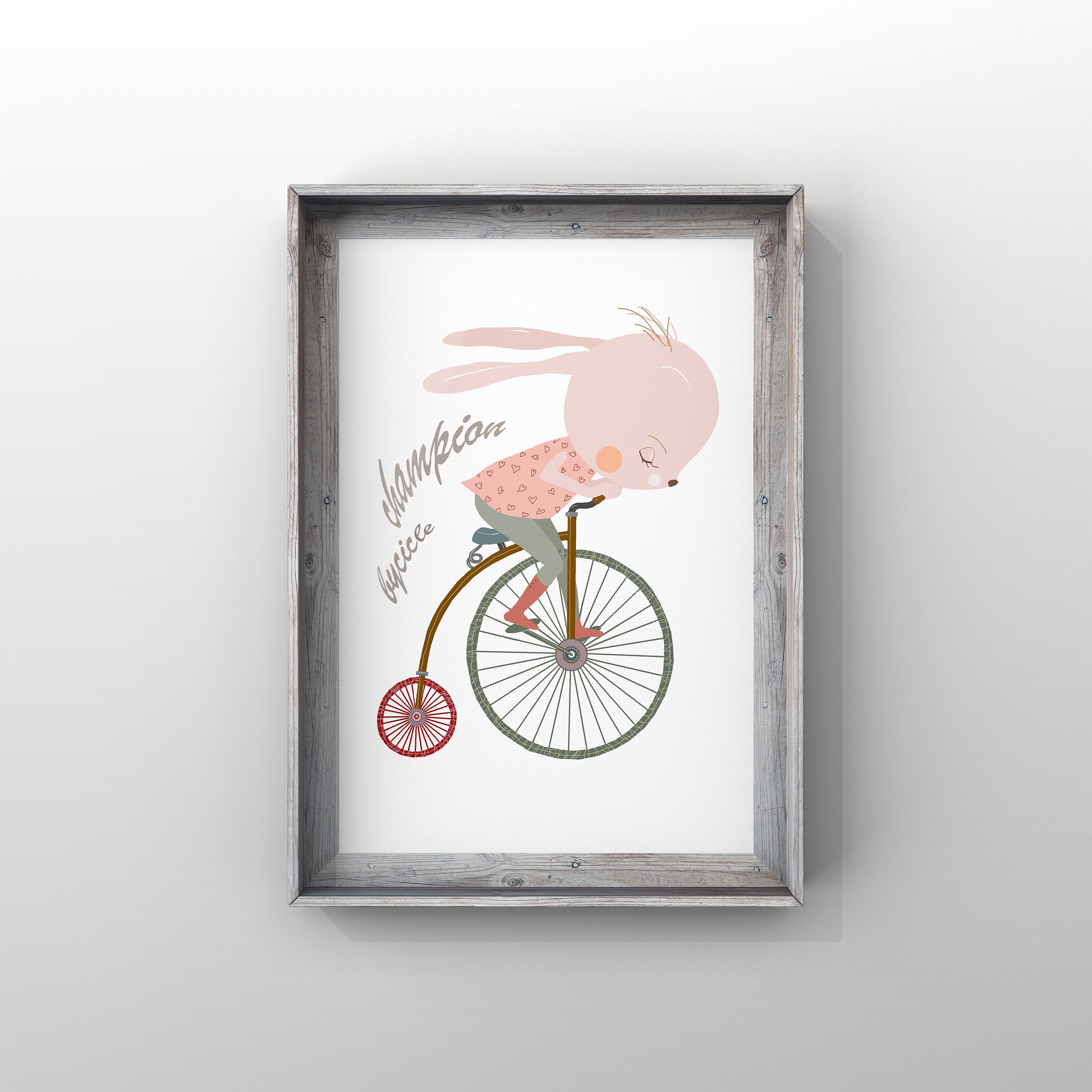 Affiche Lapin Rose et Son Vélo | Affiche Enfant Bicyclette Cirque Pour Décoration Murale Chambre Fil