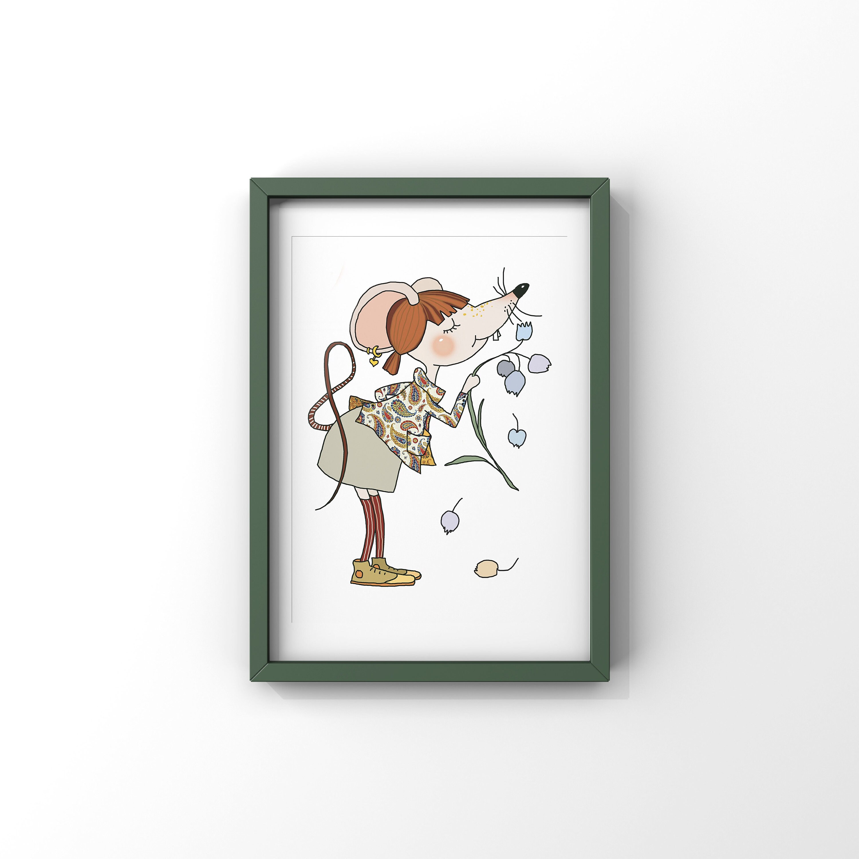 Affiche Souris avec Fleurs de Printemps | Affiche Chambre Fille Idée Cadeau Naissance Pour Décoratio
