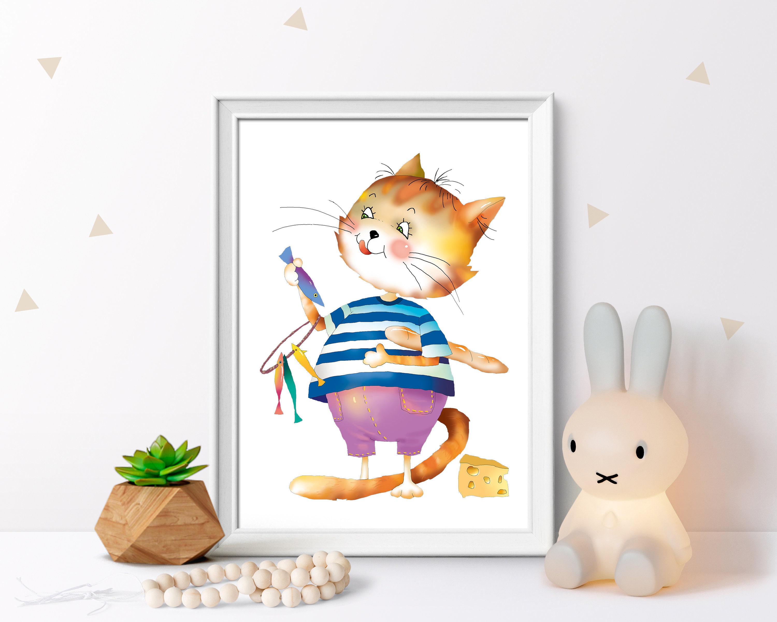 Affiche Petit Chat avec Poissons | Décoration Murale Chambre Enfant Affiche Salle de Jeux Dessin Les