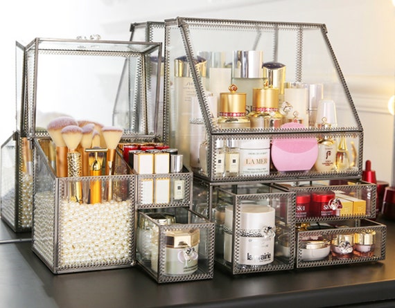 Bronze Makeup Organizer, Perfume Organizer, Cosmetics Storage Drawers,  Makeup Storage Box, Glass Drawers, Vintage Glass Makeup Organizer Box 