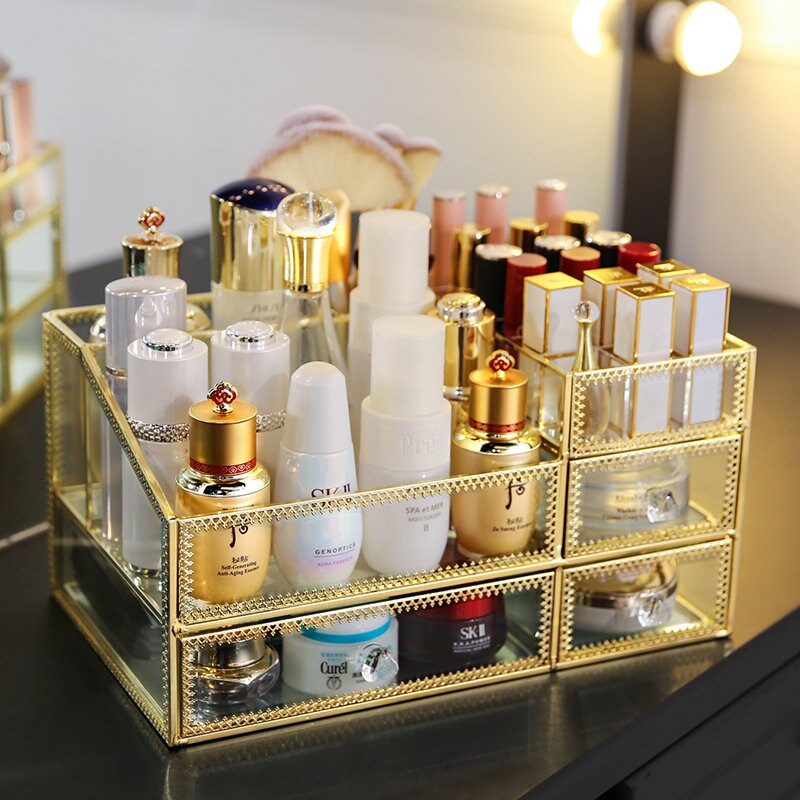 Gold Holder Make Up Box Storage Multilayer Skincare Perfume