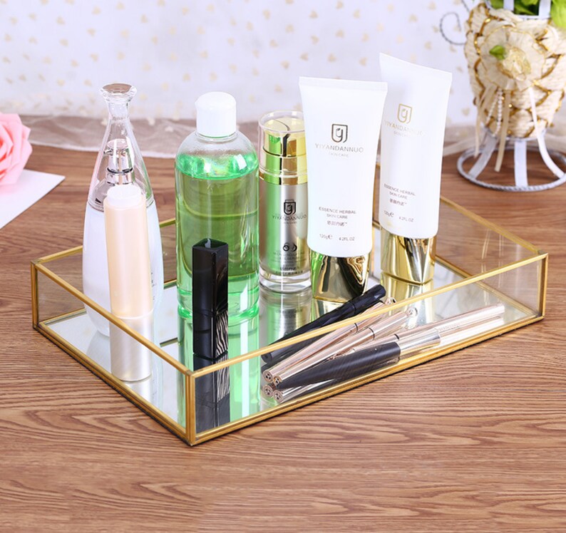 Makeup Organizer Tray Golden Glass Jewelry Polygon Storage Etsy