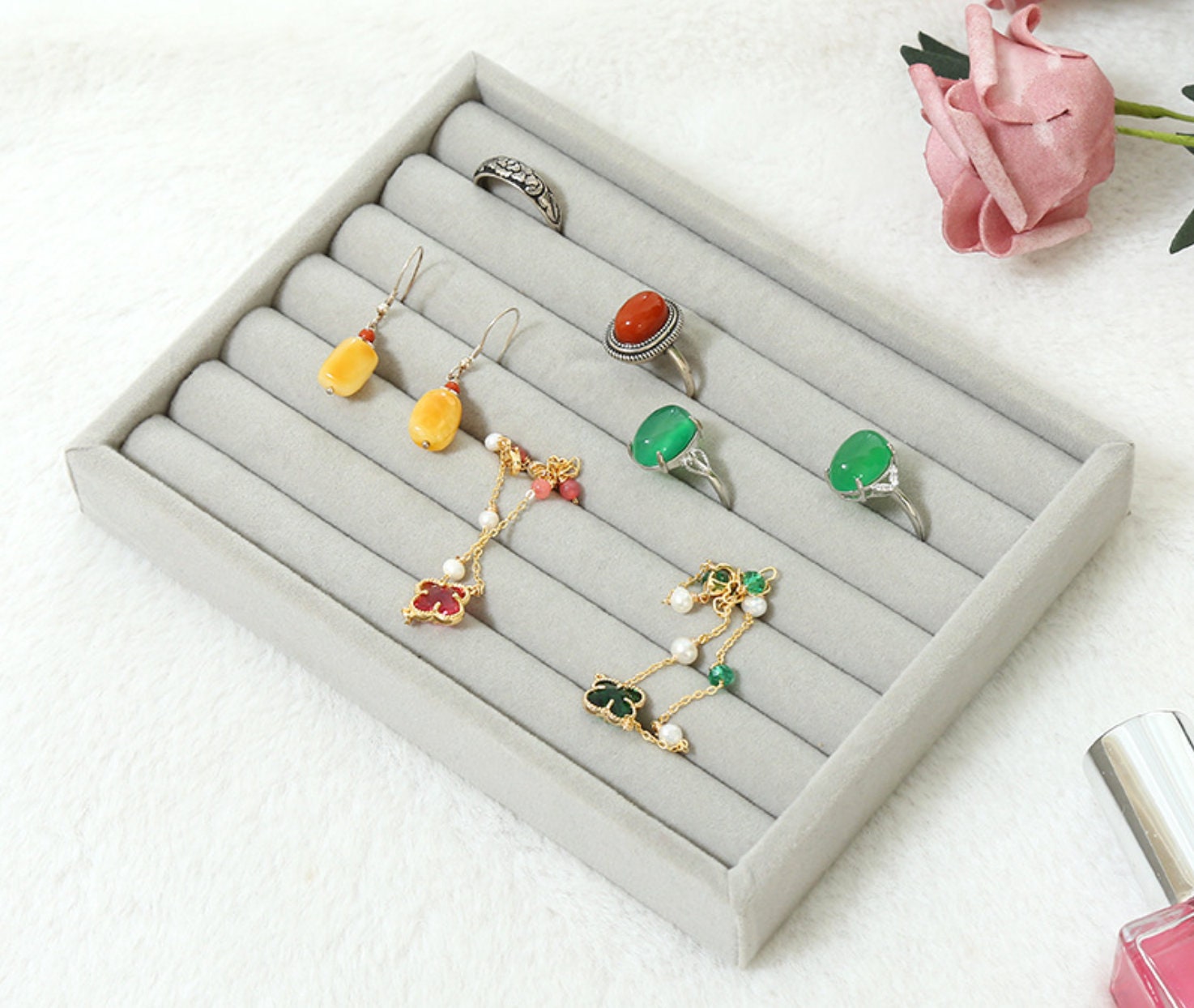 Junkin 18 Pcs Velvet Jewelry Tray Stackable Jewelry Drawer Organizer  Dresser Inserts Closet Jewelry Box Divided Display Tray for Bracelet Brooch