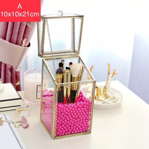 Glas Kosmetikbox Klar Dekoratives Tablett SLHEQING/® Make up Organizer Beauty Organizer Tray Schmuck Pinselhalter Gold