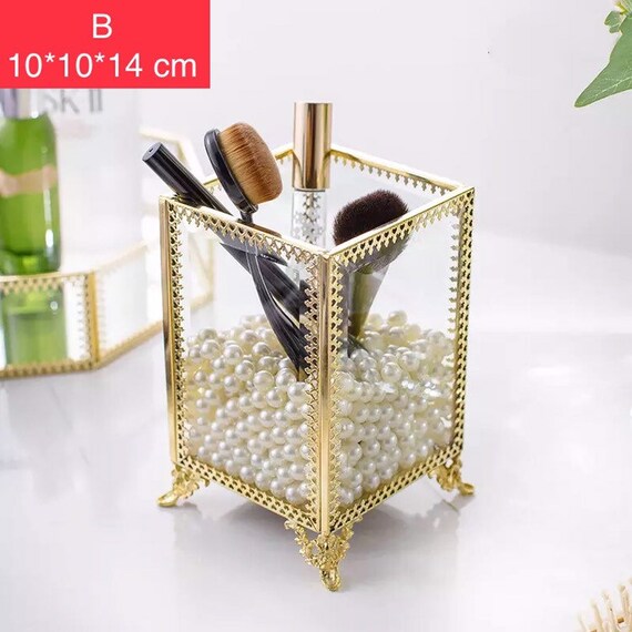 Glas Kosmetikbox Klar Dekoratives Tablett SLHEQING/® Make up Organizer Beauty Organizer Tray Schmuck Pinselhalter Gold