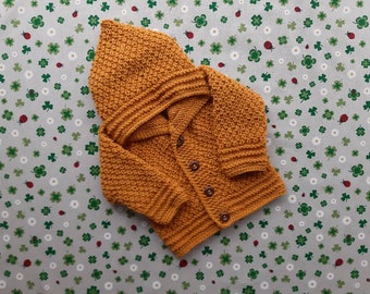 Strickjacke mit Kapuze ab Größe 50/56 bis Größe 92/98 orange gelb Kapuzenjacke gestrickt Pullover Jacke Handarbeit Babyjacke Hoodie