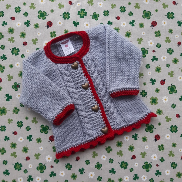 Pullover ab Größe 62/68 bis Größe 92/98 Trachtenjacke Mädchen hellgrau rot Strickjacke Handarbeit Geburtstag Geschenk Taufe Hochzeit Dirndl