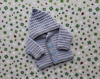 Strickjacke mit Kapuze  grau hellgrau Kapuzenjacke Babyjacke Geschenk zur Geburt Taufe Babygeschenk Babyshower handgestrickt Kappuzenjacke