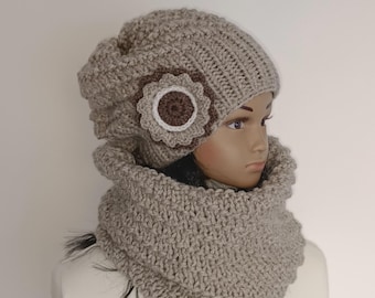 SET Strickmütze mit Schal Mütze Schlauchschal Beanie Blume Wollmütze Schal Strickschal Accessoires Damenmütze Damenschal Handmade gestrickt