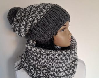 Set aus Mütze und Schal anthrazit hellgrau  Strickmütze Bommelmütze Beanie Strickschal Schal Damen handgestrickt Mütze Hut Weihnachten Boho