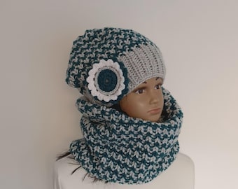 SET Strickmütze mit Schal Mütze Schlauchschal Beanie Blume Wollmütze Schal Strickschal Accessoires Damenmütze Damenschal Handmade gestrickt