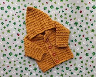 Strickjacke mit Kapuze ab Größe 50/56 bis Größe 98/104 orange gelb Kapuzenjacke gestrickt Pullover Jacke Handarbeit Babyjacke Hoodie