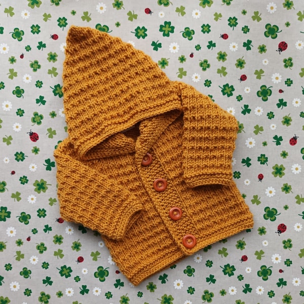 Strickjacke mit Kapuze ab Größe 50/56 bis Größe 98/104 orange gelb Kapuzenjacke gestrickt Pullover Jacke Handarbeit Babyjacke Hoodie