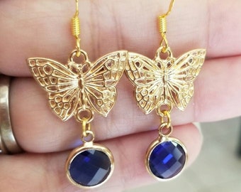 14k Gold Blue Sapphire Earrings, Butterfly Earrings, Sapphire Earrings, Gold Earrings, Blue Sapphire Jewelry, September Birthstone, Dangle