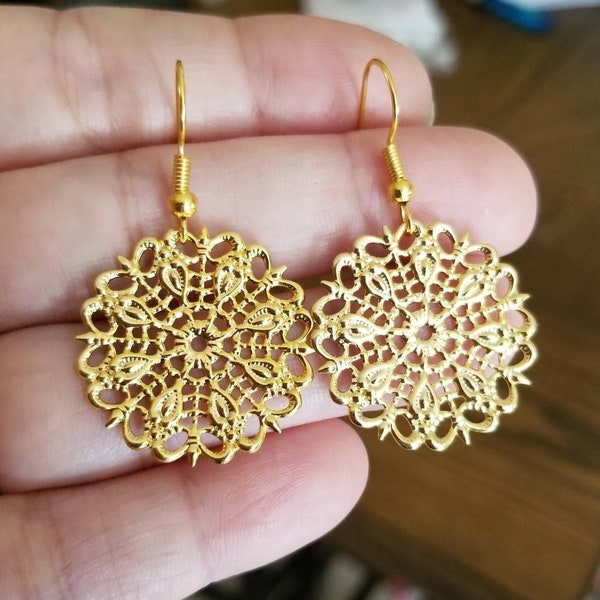 Gold Filigree Earrings, Disc Drop Earrings, Round Earrings, Bohemian, Floral Charm, Retro, Dangle Hook Earrings for Women and Girls Summer