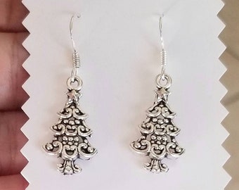 Boucles d'oreilles en argent pour arbre de Noël, Boucles d'oreilles en argent, Bijoux de Noël, Boucles d'oreilles de Noël, Arbres de Noël, Boucles d'oreilles pendantes, Bijoux des fêtes