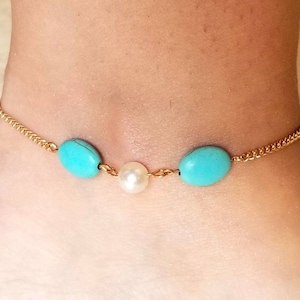 Turquoise Anklet, Gold Anklet, Turquoise Ankle Bracelet, Beaded Anklet, Bohemian, Women&#39;s Anklet, Summer Jewelry, Boho Jewelry