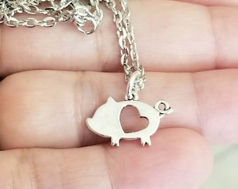 Dainty Pig Pendant Necklace, Silver Pig Necklace, Heart, Piggy, Piggies, Pig Jewelry, Country Girl Gift, Pig Gift, Pig Charm, Piglet