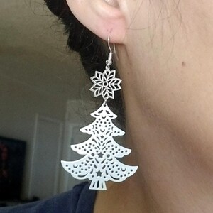 Silver Christmas Tree Earrings, Large Christmas Earrings, Christmas Jewelry, Christmas Dangle Earrings, Holiday Jewelry, Holiday Earrings