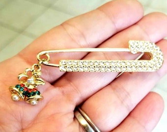 Broche de bastón de caramelo de cristal, broche navideño dorado, broche navideño, prendedor navideño, joyería navideña, bastón de caramelo, prendedor navideño, regalos para ella