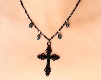 Large Black Cross Necklace, Black Crystal Choker Necklace, Cross Choker, Womens Necklace, Cross Pendant Necklace, Religious, Gothic Jewelry