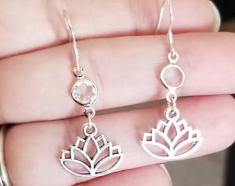 Silver Lotus Earrings, Lotus Flower Dangle Earrings, Women's, Lotus Flower, Gift for Her, Double Drop Earrings, Healing, Spiritual Jewelry