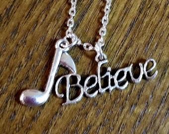 Believe Silver Necklace, Music Note Jewelry, Music Teacher Gift, Singer, Don't Stop Believing, Steve Perry Necklace, Musician Gift, Singer